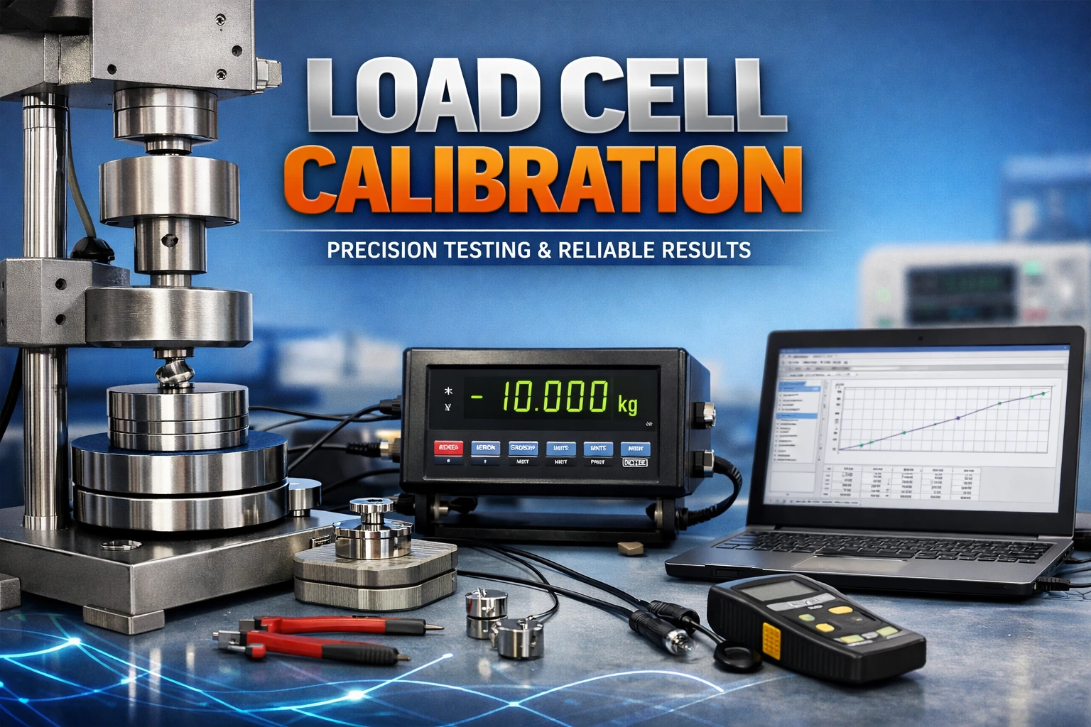 SRUNIQ engineer performing load cell calibration using dead weight force machine in climate-controlled lab