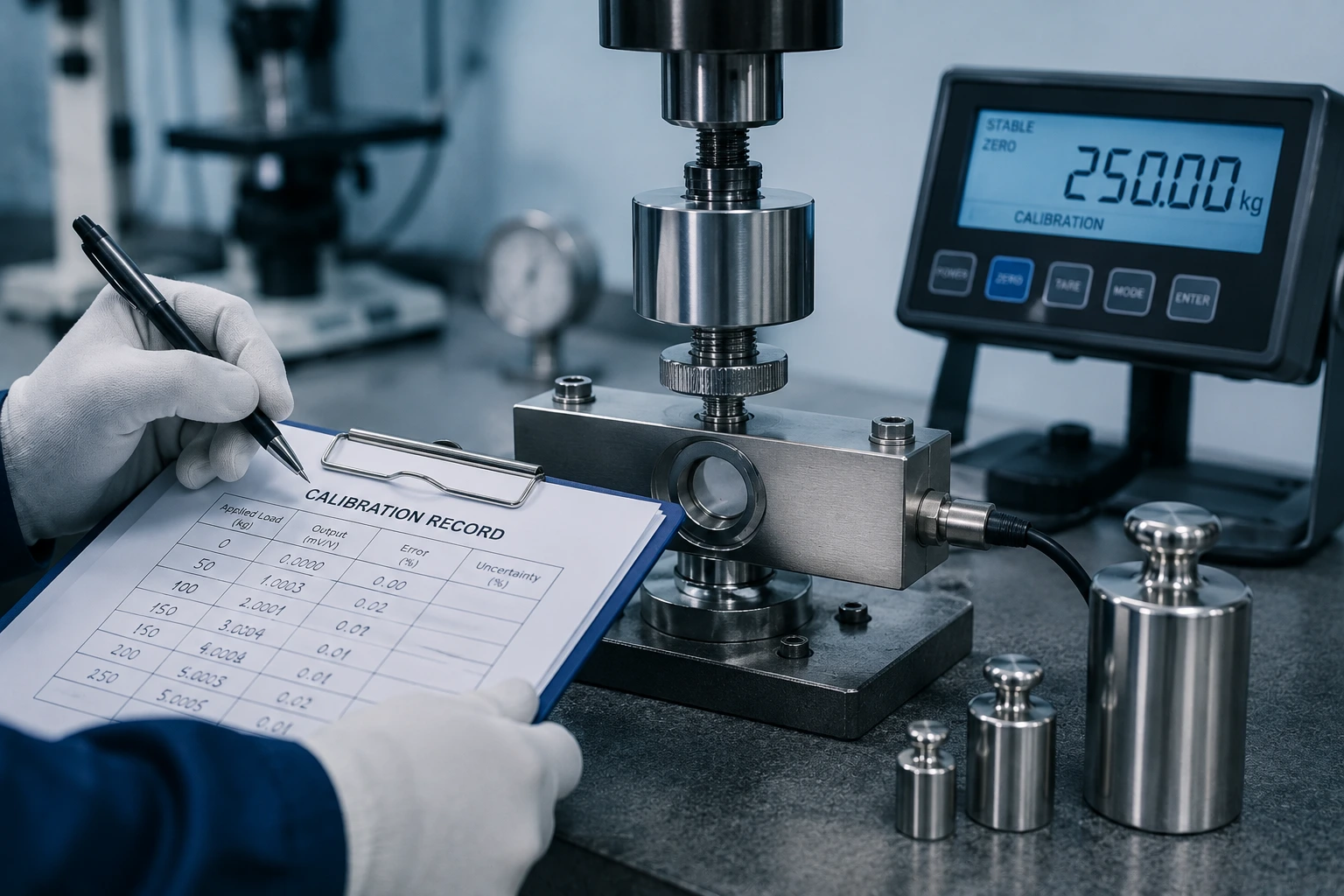 SR Uniq certified engineer performing NABL-traceable load cell calibration on a precision dead weight force machine in a climate-controlled laboratory in Ghaziabad, Delhi NCR