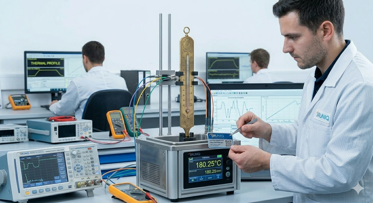 SRUNIQ engineer applying a custom calibration sticker to a specialized industrial instrument.