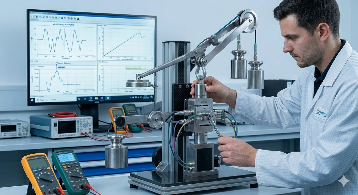 SRUNIQ engineer performing electrical signal verification for a high-capacity force transducer.