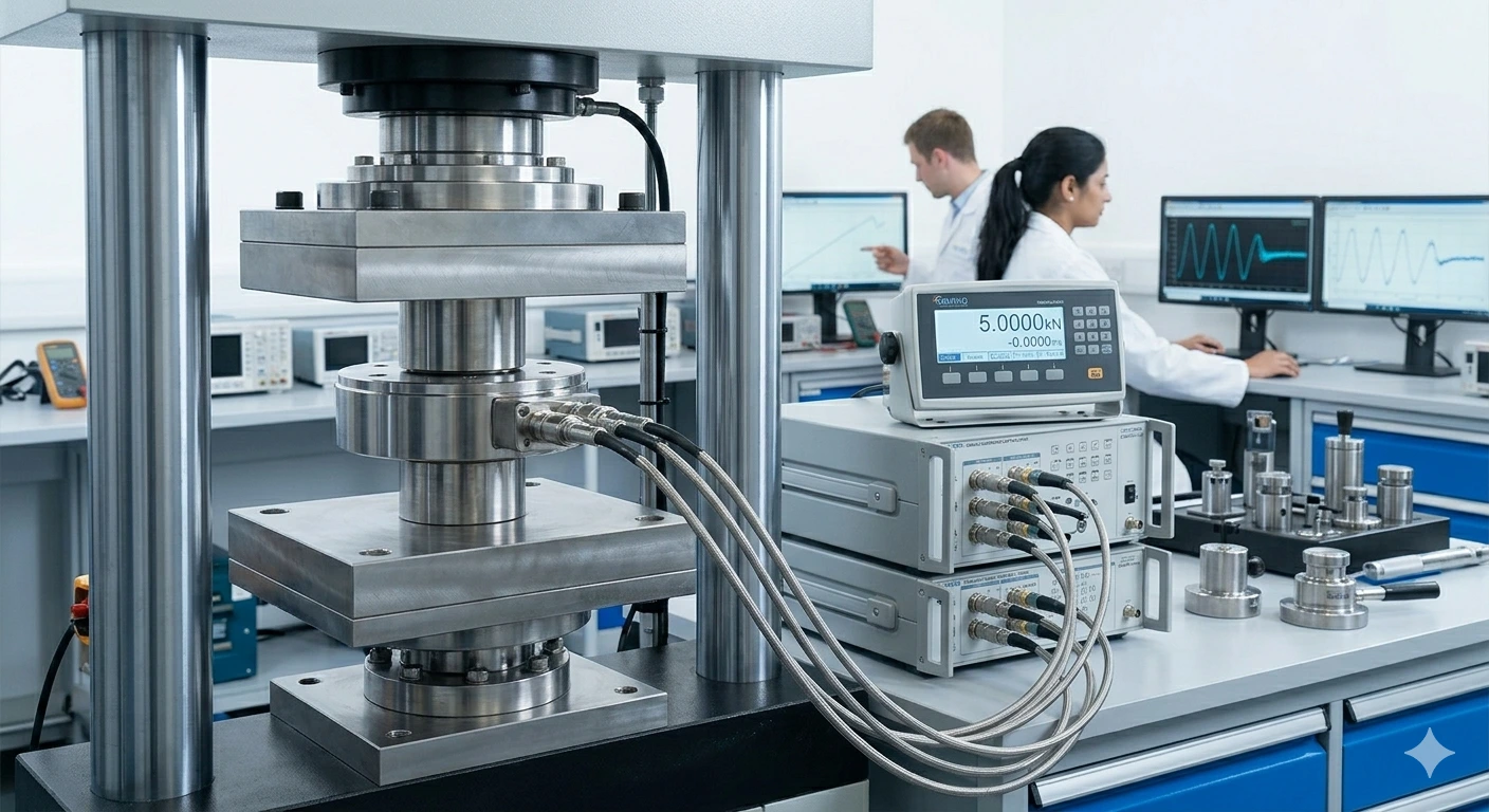 Industrial pancake load cell being calibrated in a high-precision force testing machine at a professional metrology lab.