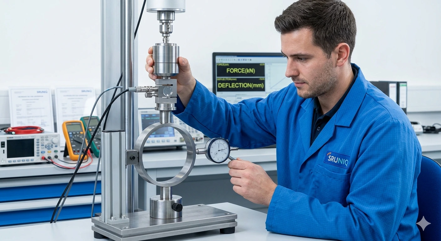 SRUNIQ technician performing compression testing for Proving Ring calibration in Ghaziabad laboratory