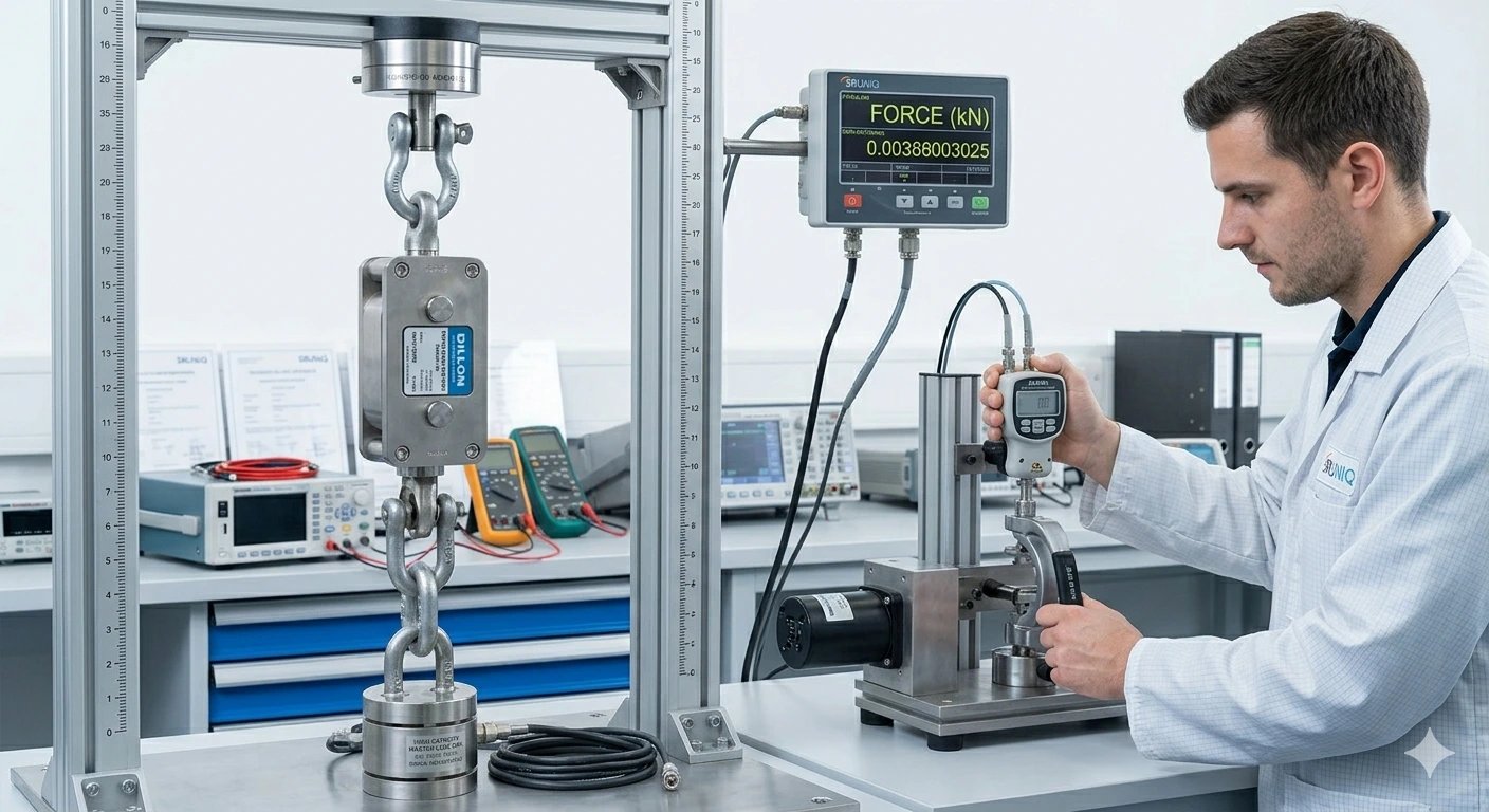 SRUNIQ engineer performing Jamar hand dynamometer calibration for a medical client.