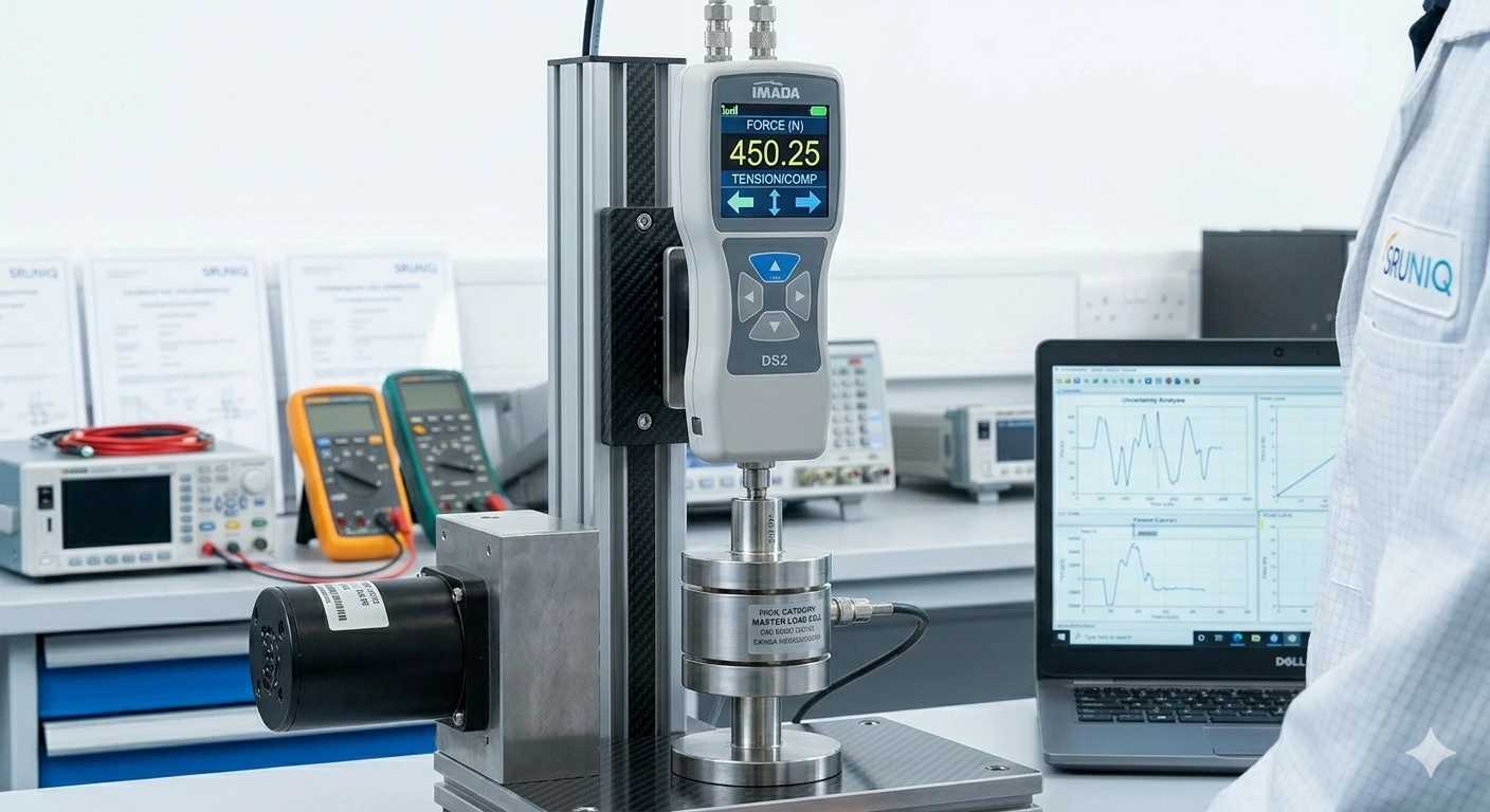 SRUNIQ technician using a vertical test stand for digital force gauge calibration.